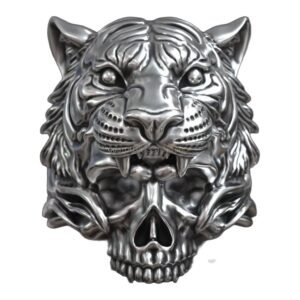 Mens sterling silver tiger skull biker ring front view oxidized finish