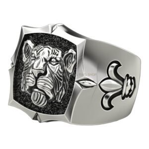 Sterling silver tiger statement ring with oxidized finish and geometric frame