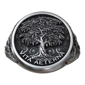 Tree of life acacia sterling silver signet ring with ornate floral scrollwork