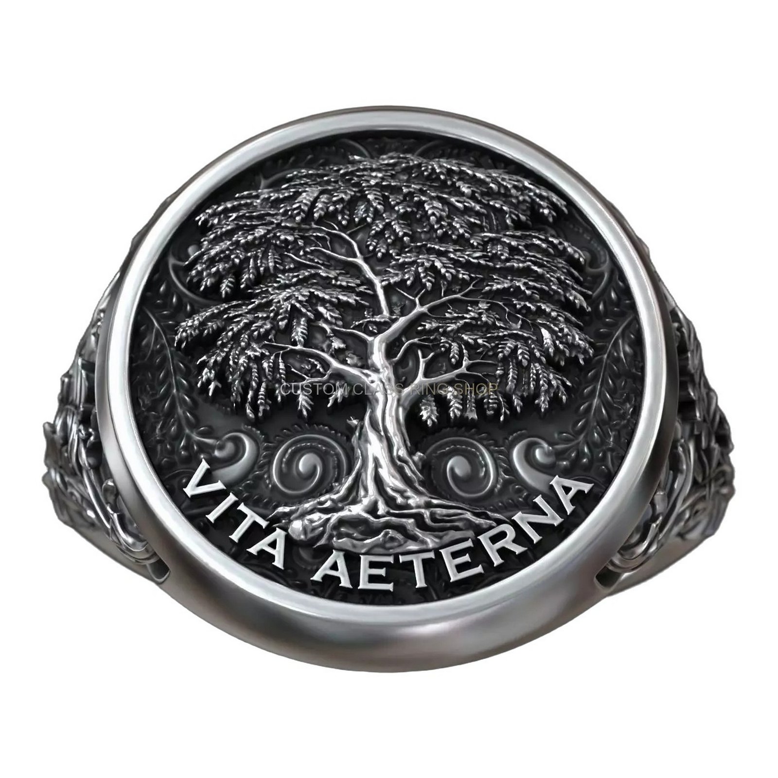 Tree of life acacia sterling silver signet ring with ornate floral scrollwork