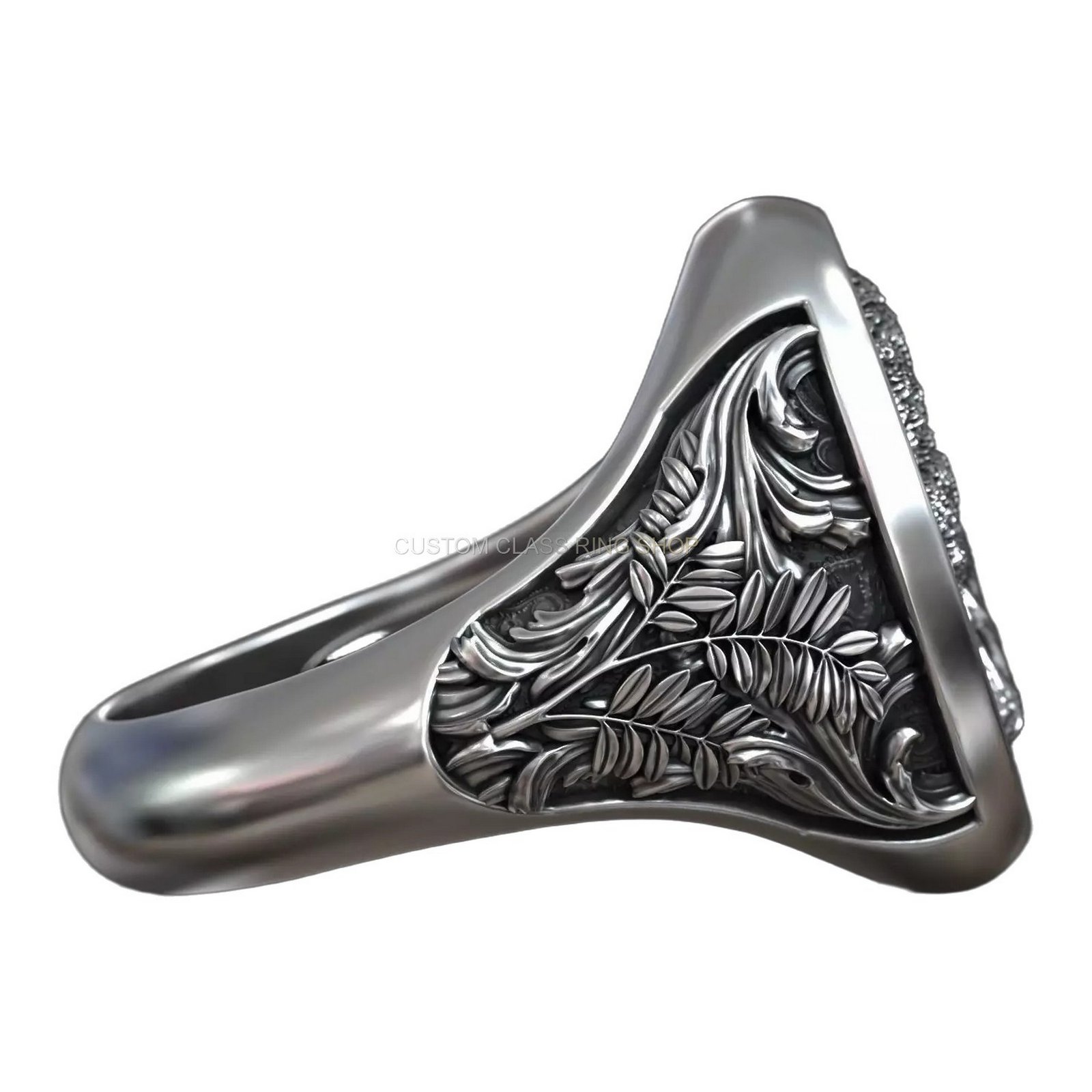 Tree of life acacia sterling silver signet ring, right side profile view