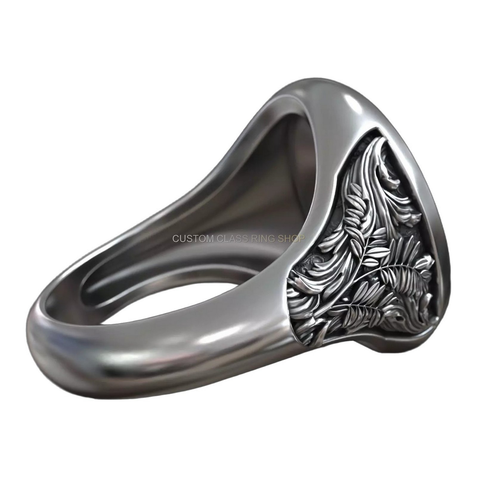 Tree of life acacia sterling silver signet ring, left side profile view