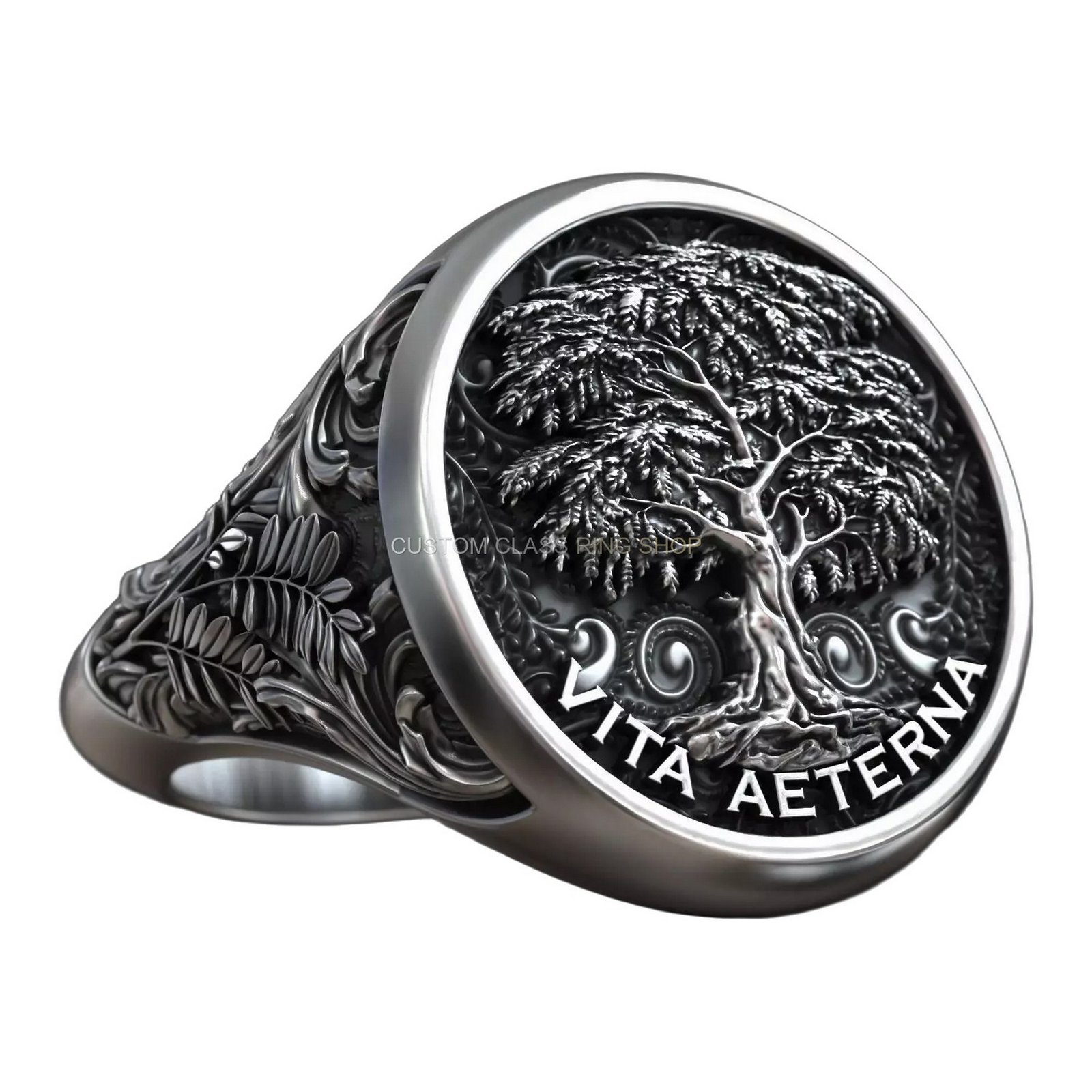 Tree of life acacia sterling silver signet ring, bezel detail with Vita Aeterna inscription
