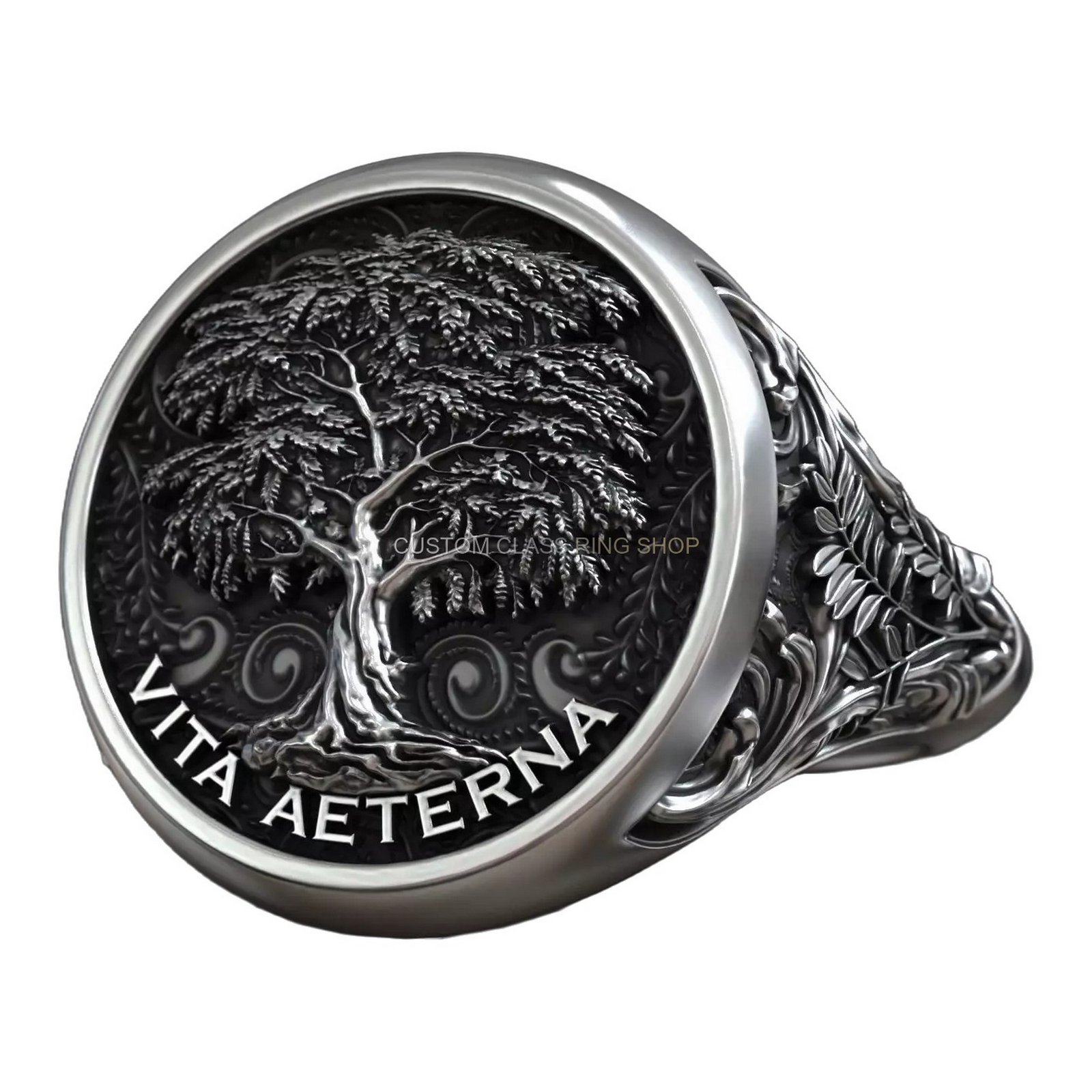 Tree of life acacia sterling silver signet ring, three-quarter angle front view