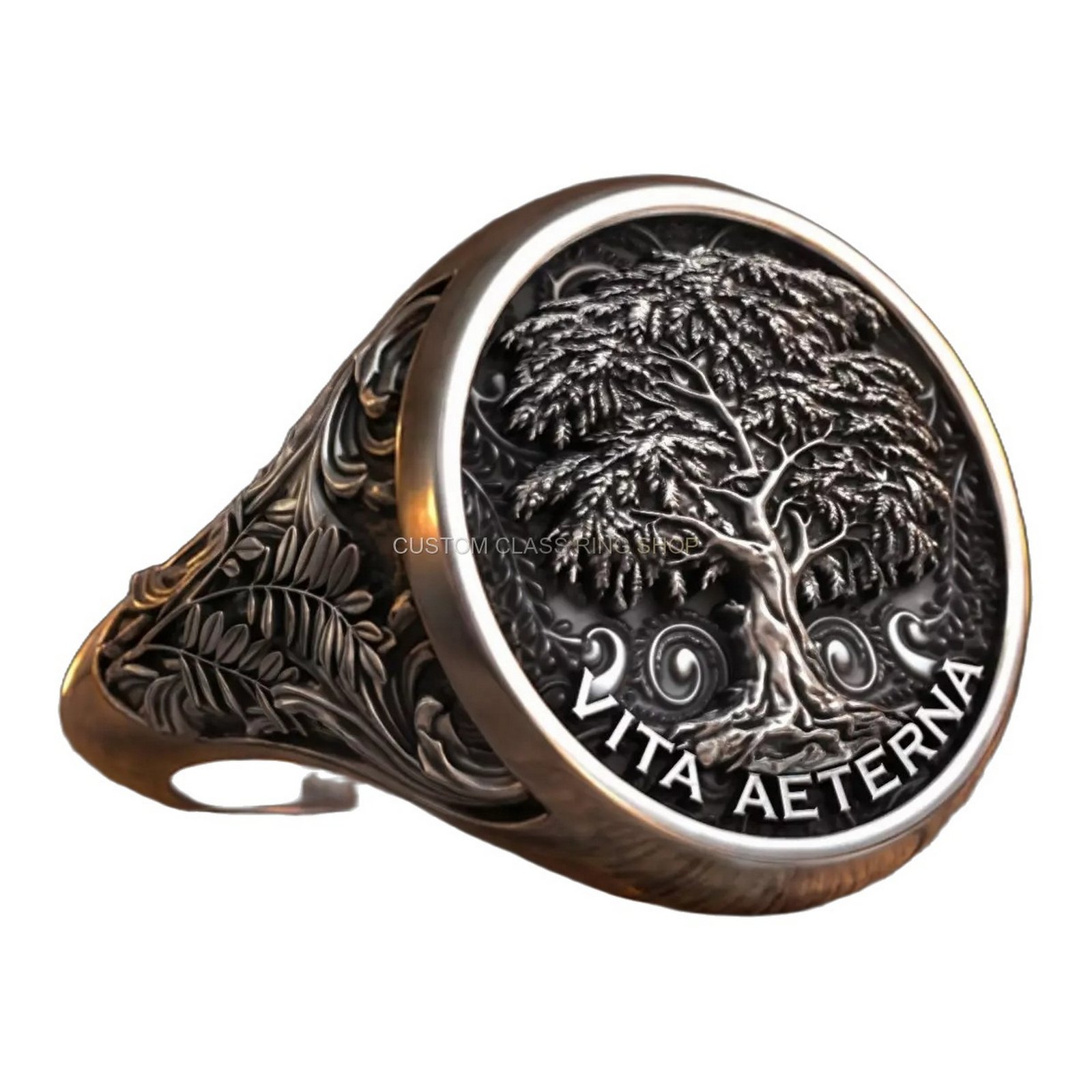 Tree of life acacia sterling silver signet ring with ornate floral scrollwork