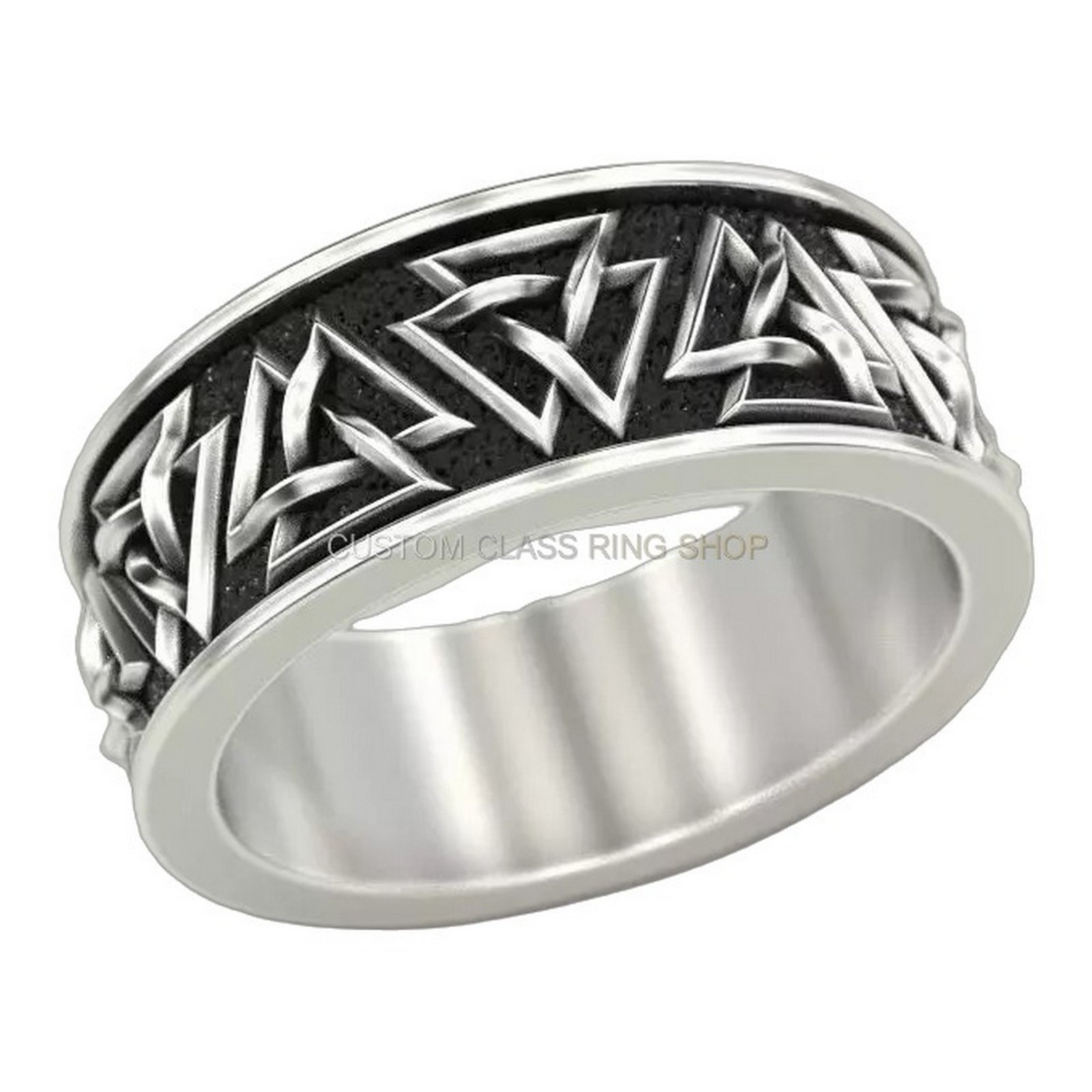 Sterling silver interlocking triangles ring, side profile perspective view