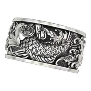 Mens oxidized sterling silver koi ring with detailed fish and water scrolls