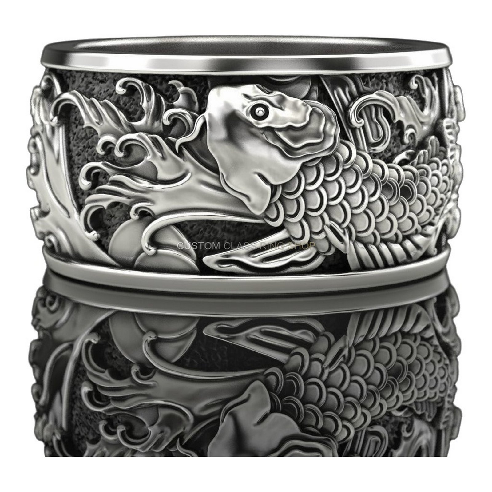 Mens oxidized sterling silver koi ring with detailed fish and water scrolls