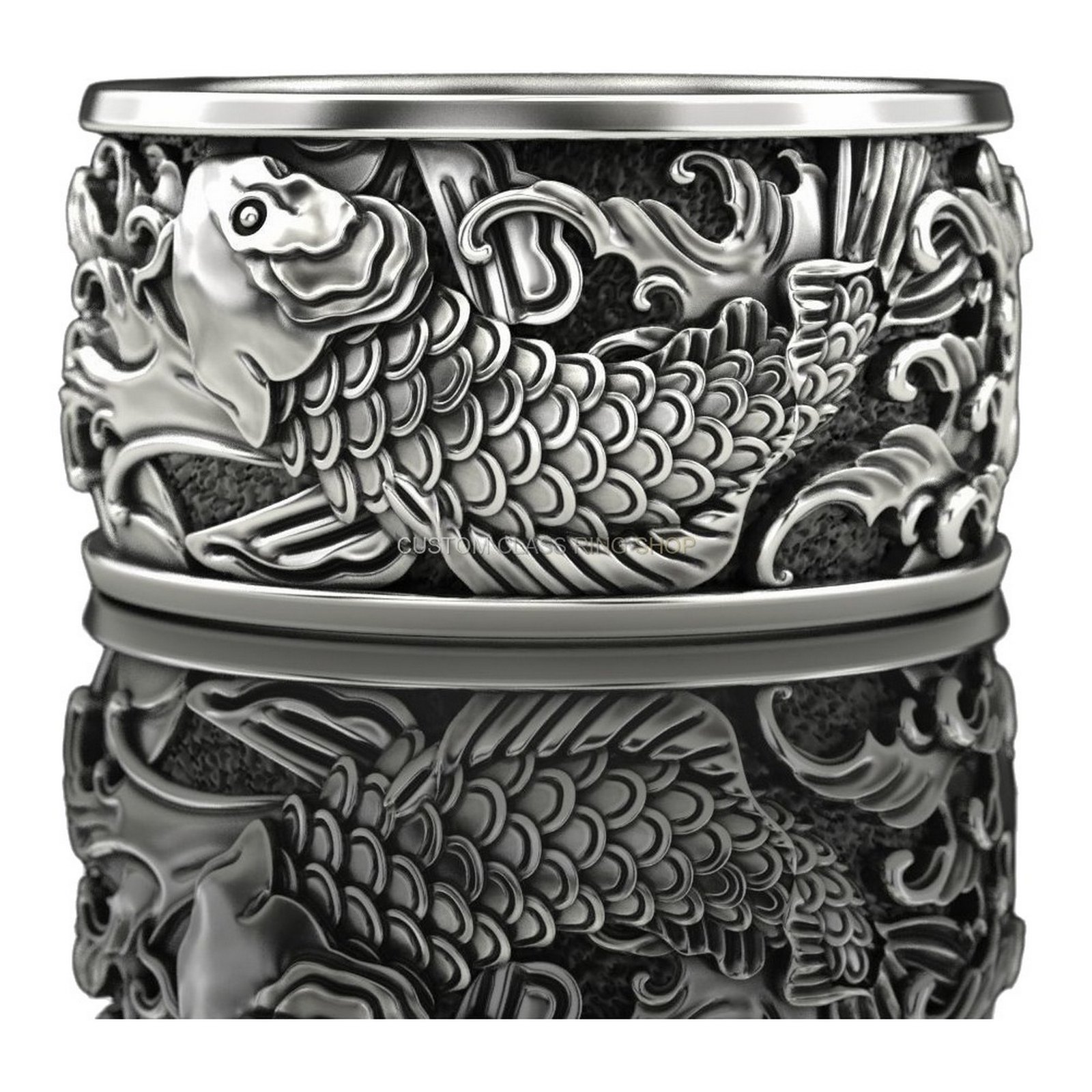 Mens oxidized sterling silver koi ring with detailed fish and water scrolls