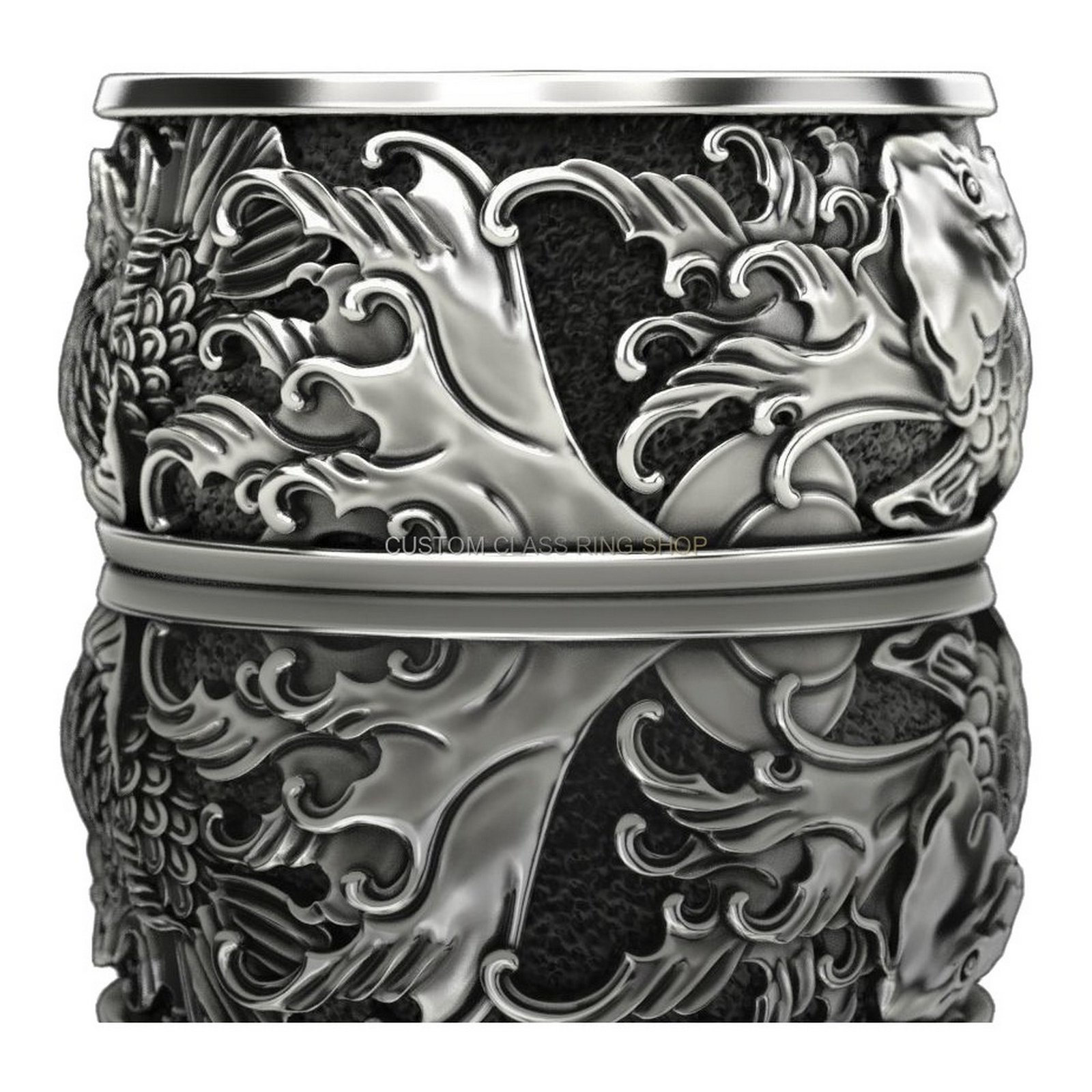 Mens oxidized sterling silver koi ring with detailed fish and water scrolls
