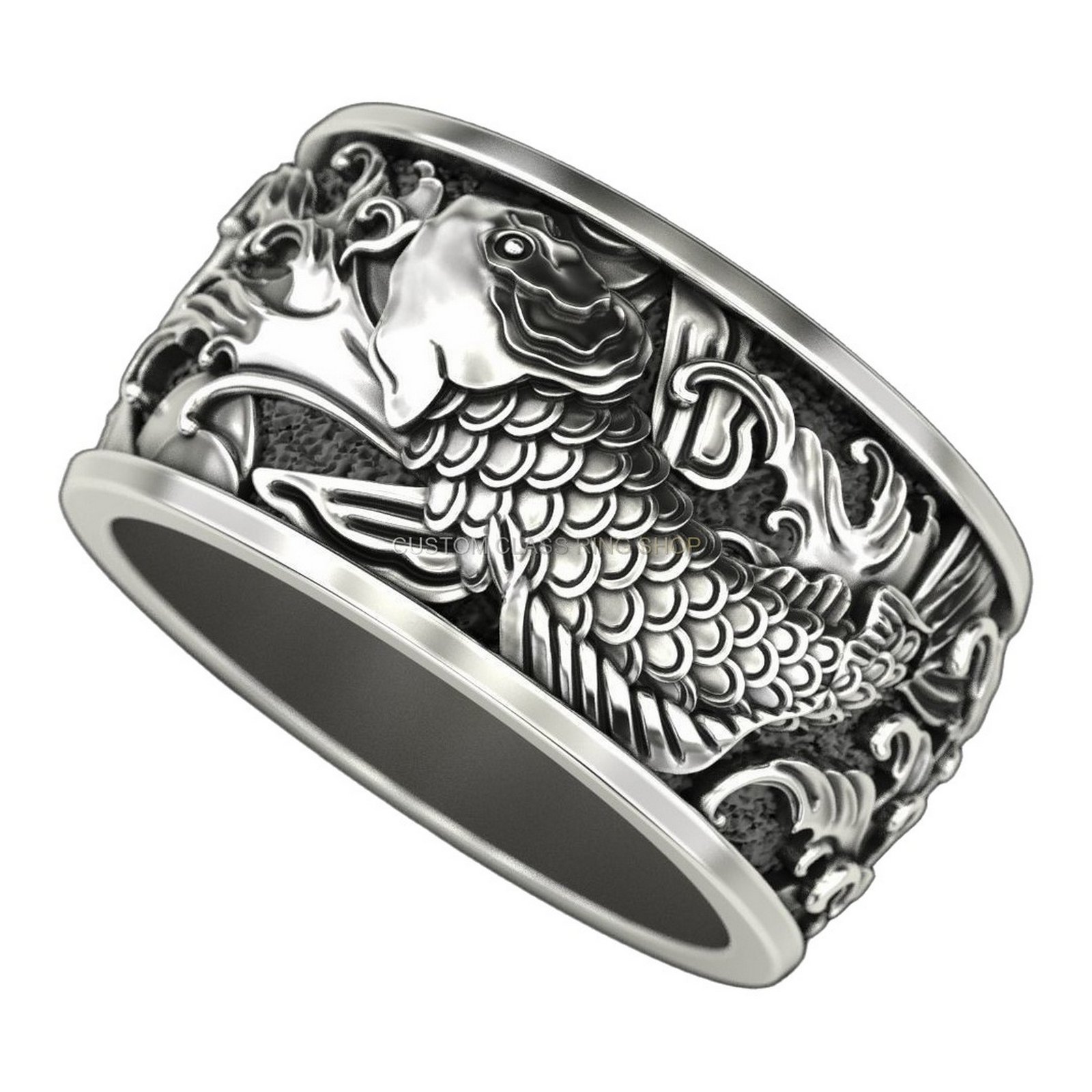 Mens oxidized sterling silver koi ring with detailed fish and water scrolls