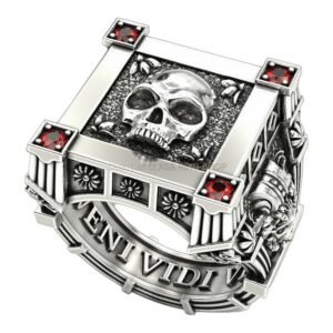Mens oxidized sterling silver statement ring with skull motif and ornate border