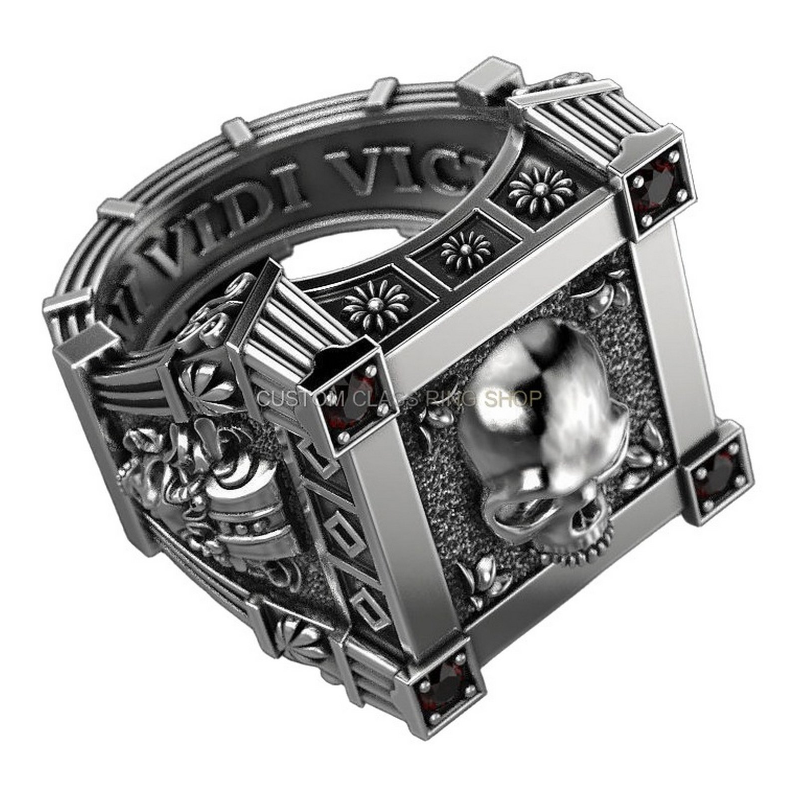 Mens oxidized sterling silver statement ring with skull motif and ornate border