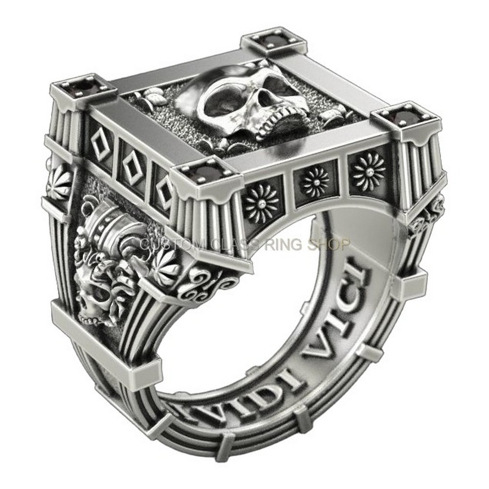 Mens oxidized sterling silver statement ring with skull motif and ornate border