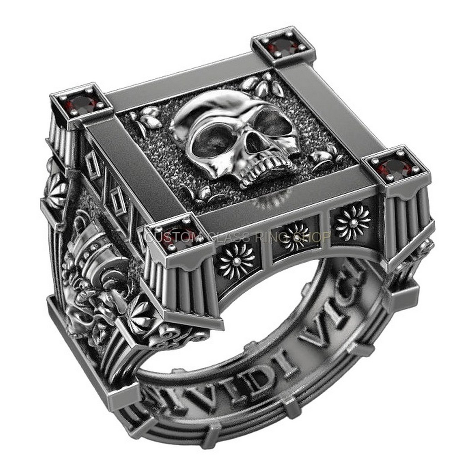 Mens oxidized sterling silver statement ring with skull motif and ornate border