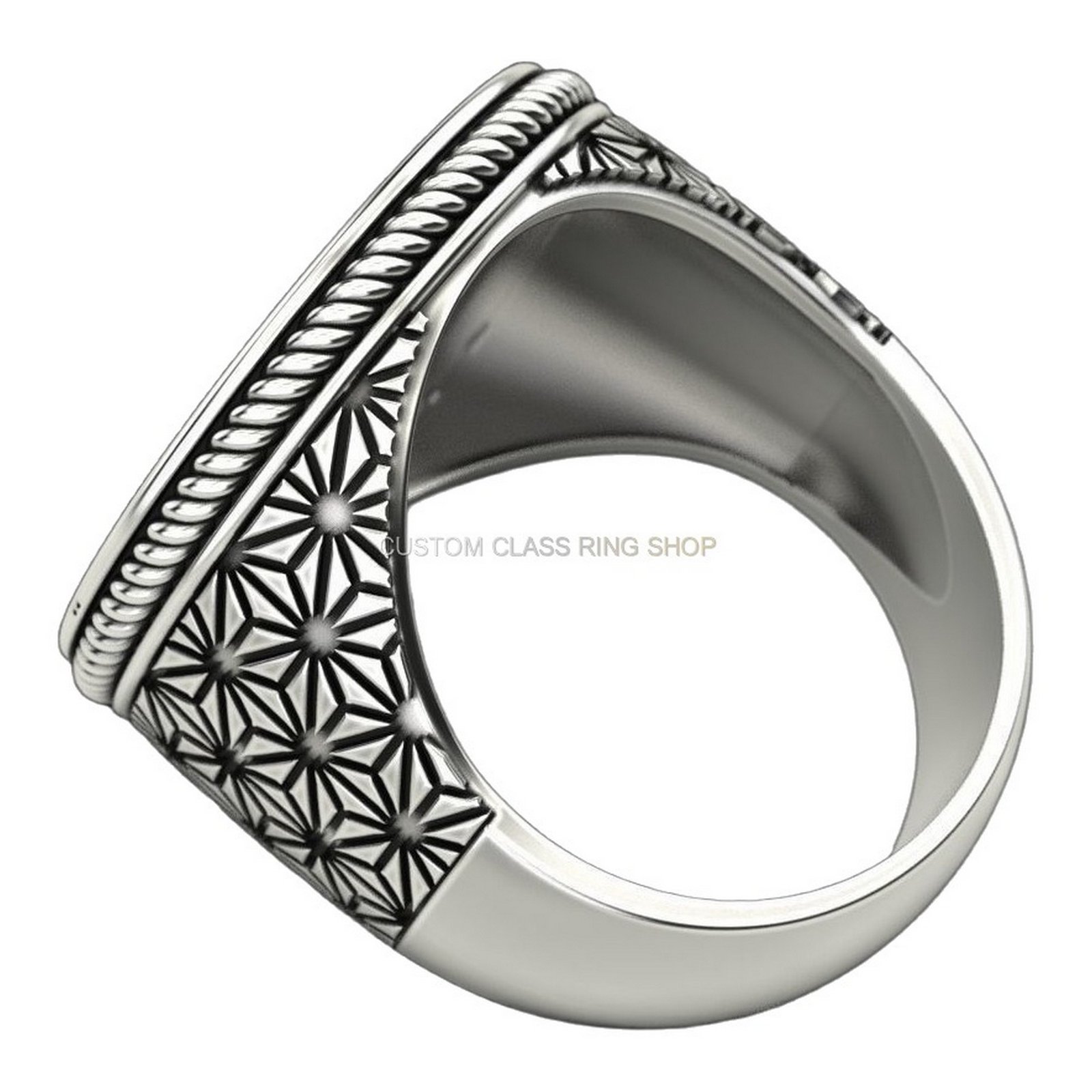 Mens oxidized sterling silver runic skull ring with geometric band detail
