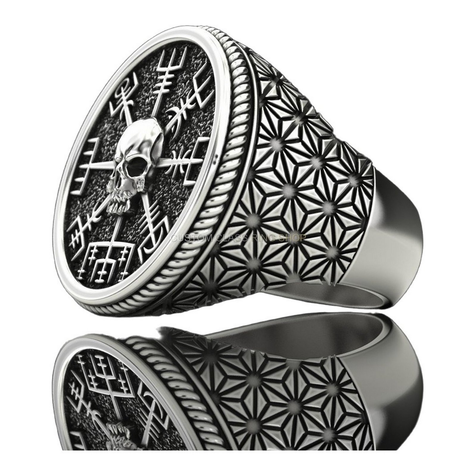 Mens oxidized sterling silver runic skull ring with geometric band detail