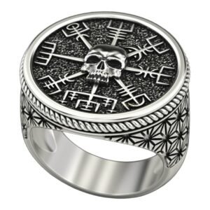 Mens oxidized sterling silver runic skull ring with geometric band detail