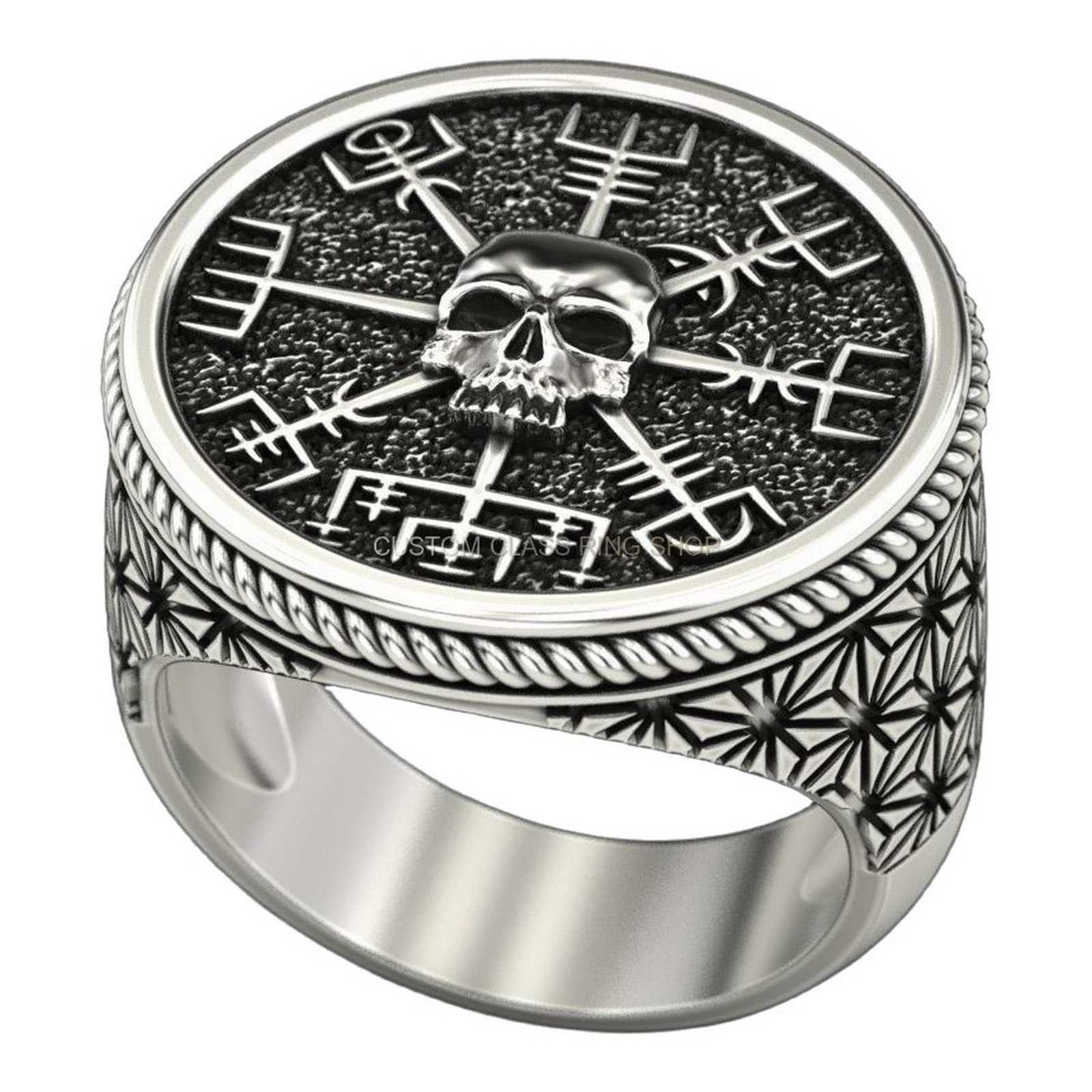 Mens oxidized sterling silver runic skull ring with geometric band detail