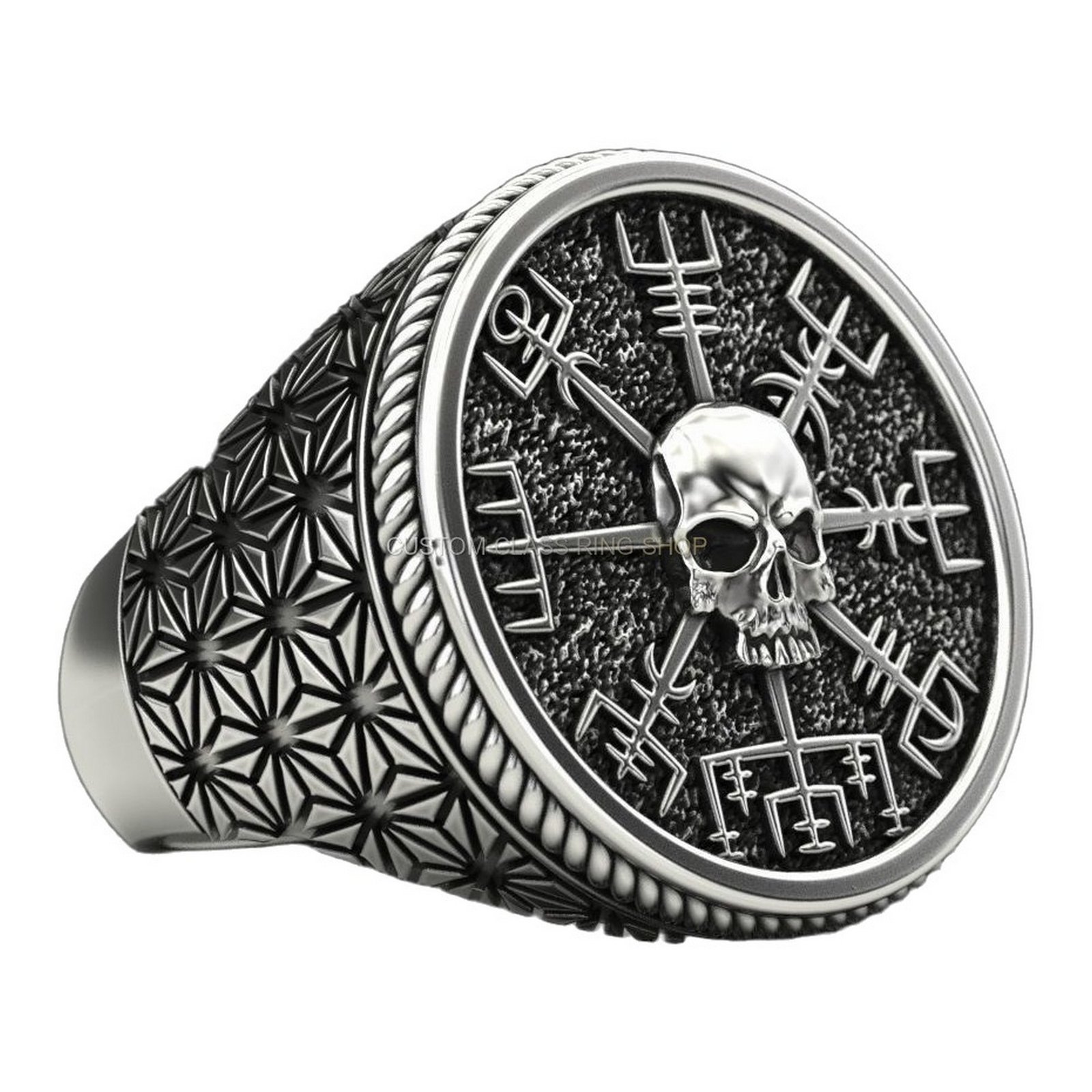 Mens oxidized sterling silver runic skull ring with geometric band detail