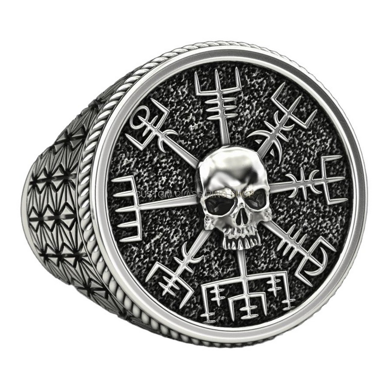 Mens oxidized sterling silver runic skull ring with geometric band detail