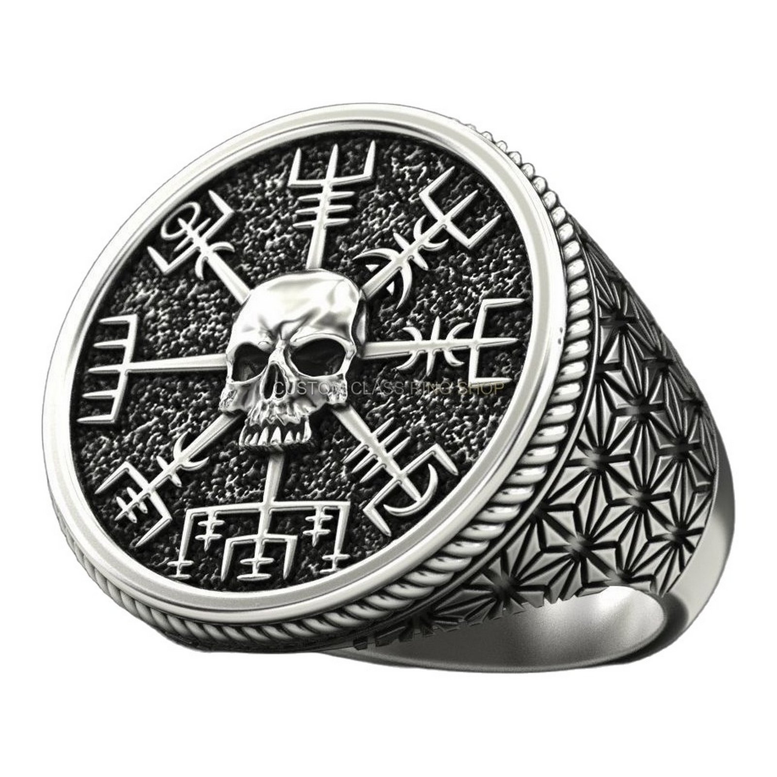 Mens oxidized sterling silver runic skull ring with geometric band detail