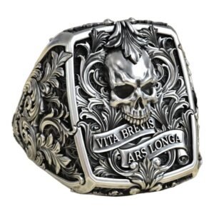 Gothic skull sterling silver statement ring with baroque acanthus frame