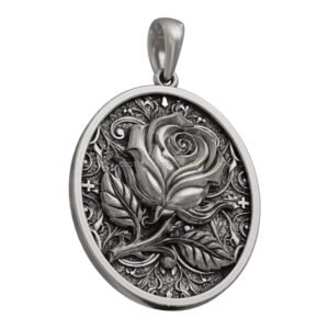 Vintage oval rose sterling silver pendant with ornate filigree border