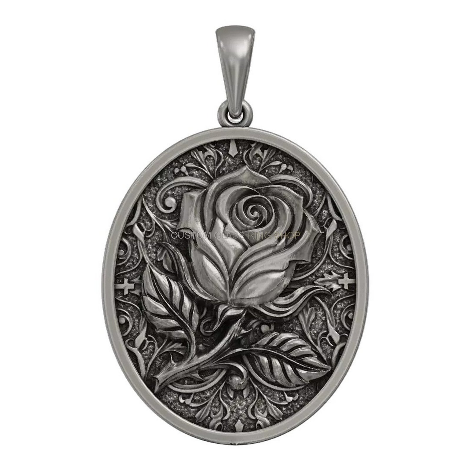 Vintage oval rose sterling silver pendant, pendant bail and bail attachment detail