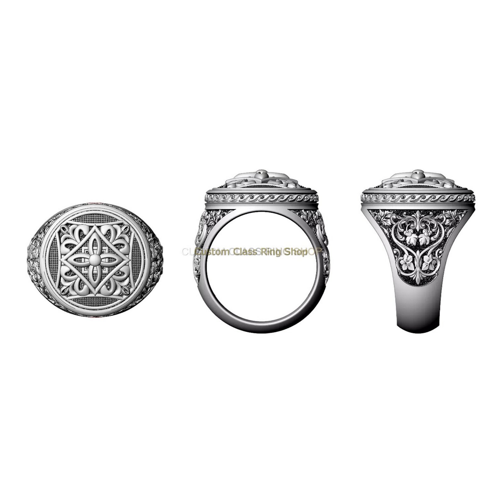 Sterling silver vintage filigree signet ring, multiple viewing angles including top and side profile