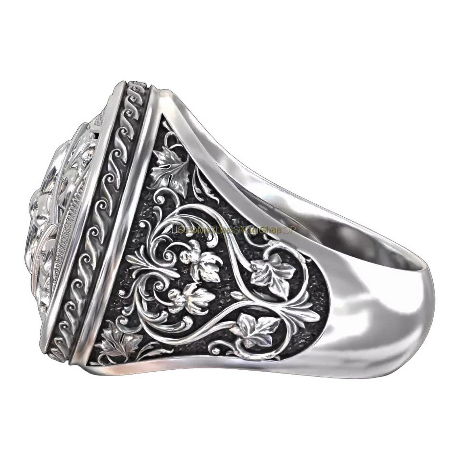 Sterling silver vintage filigree signet ring, angled three-quarter view of band and shoulders