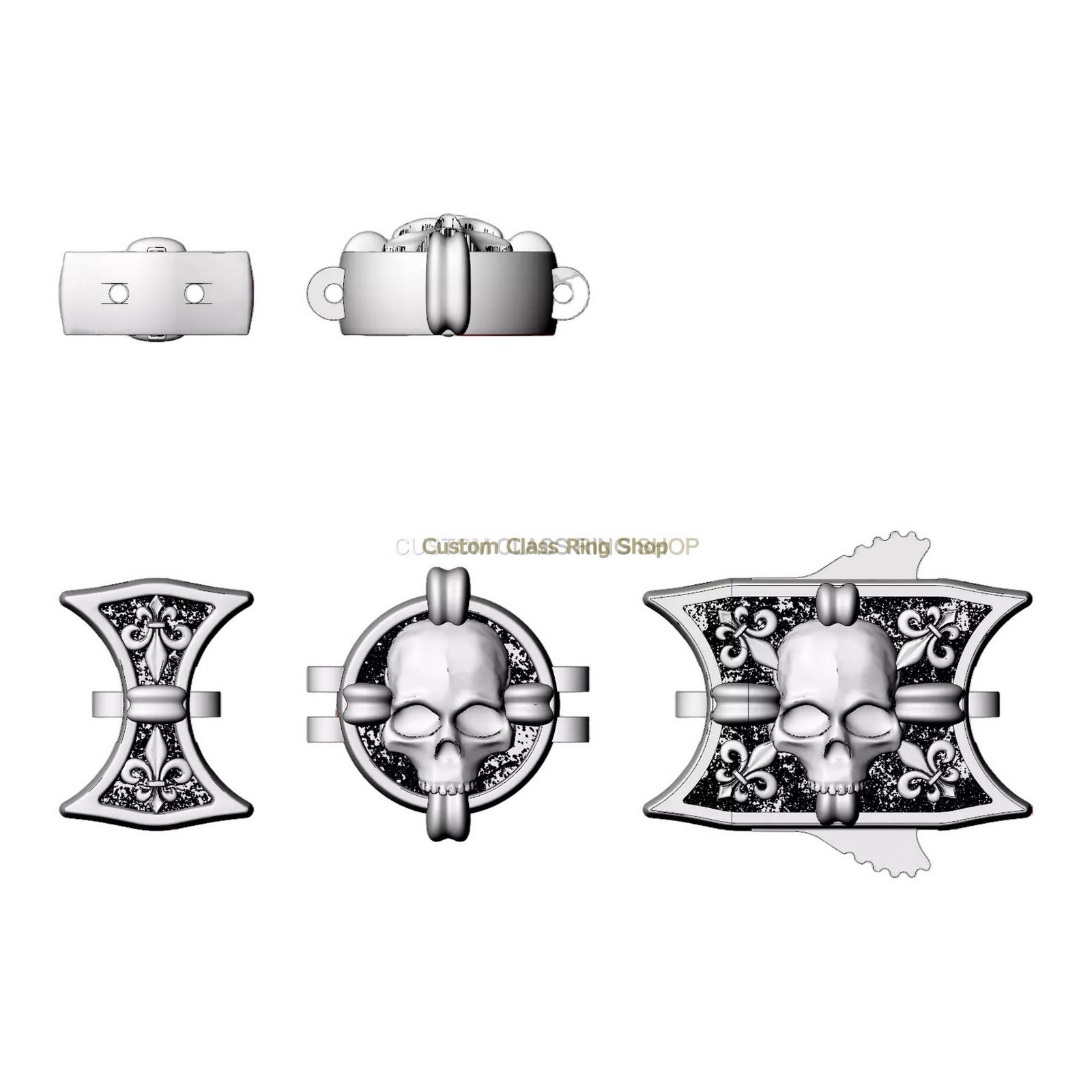 Sterling silver vintage skull bracelet, connector components top view