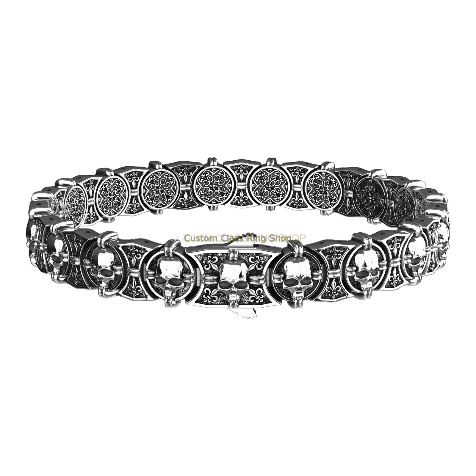 Sterling silver vintage skull bracelet with oxidized filigree detailing
