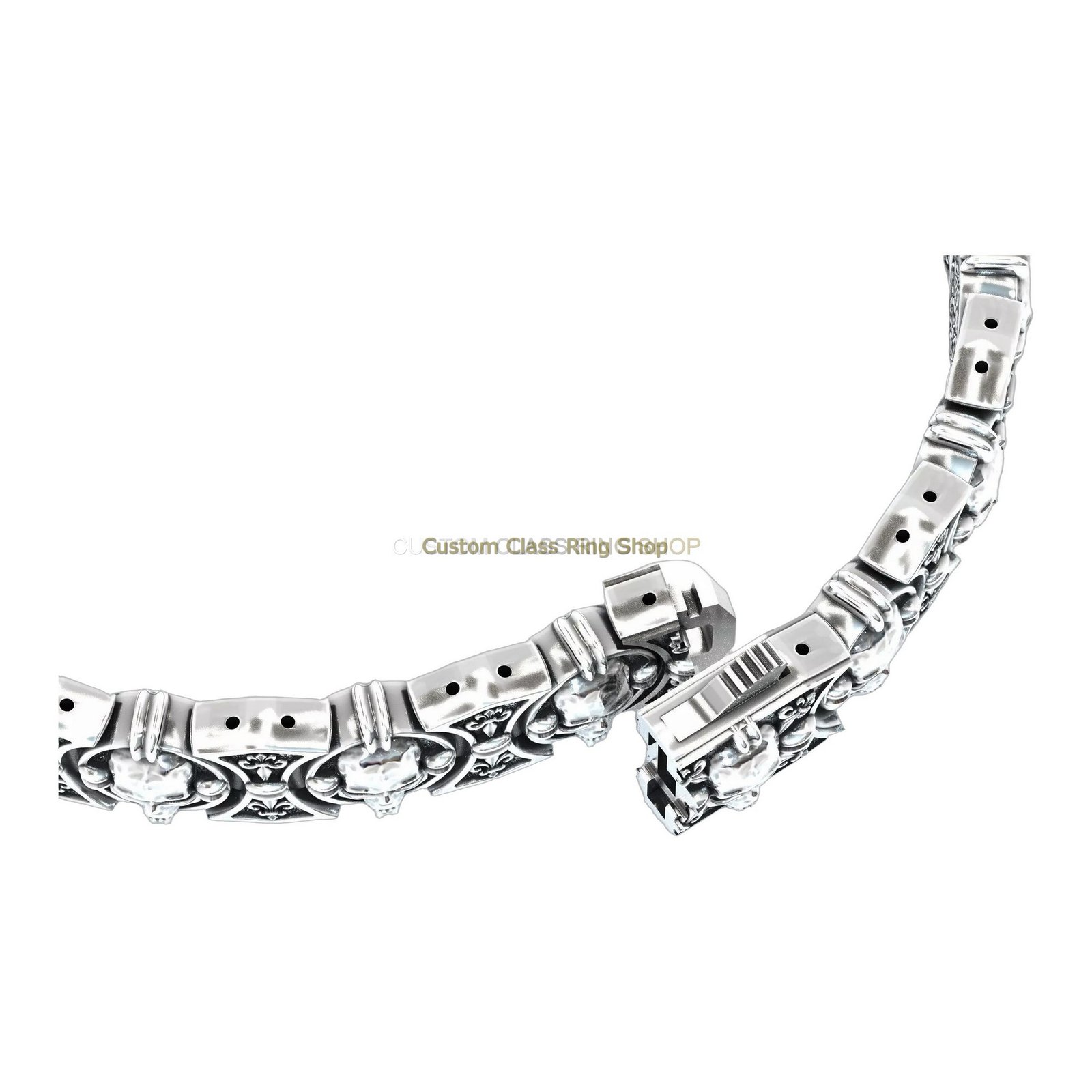 Sterling silver vintage skull bracelet, angled three-quarter curved perspective
