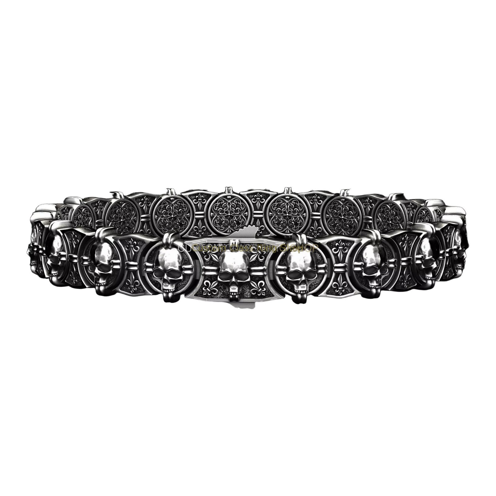 Sterling silver vintage skull bracelet, articulated link side detail