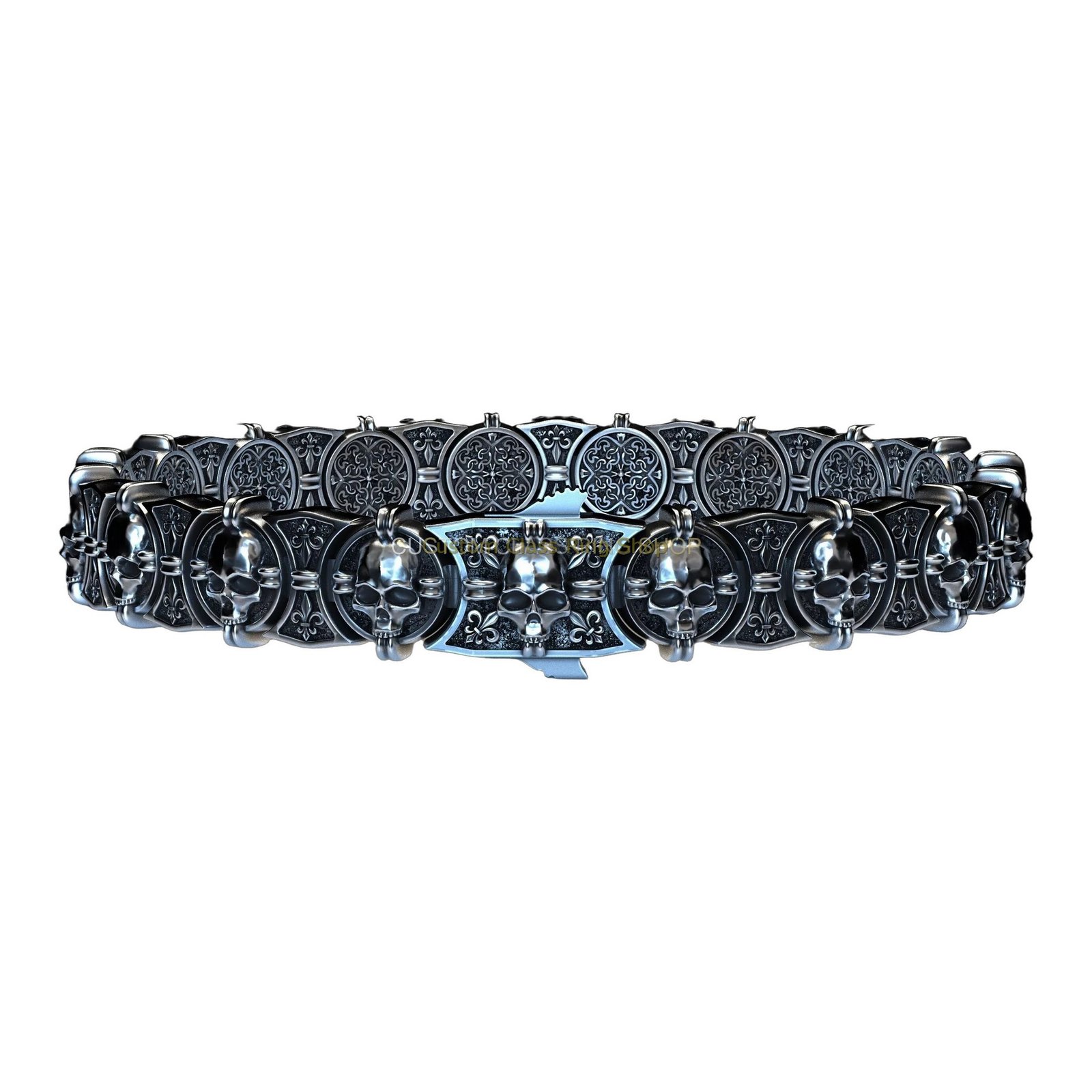 Sterling silver vintage skull bracelet, bottom underside view