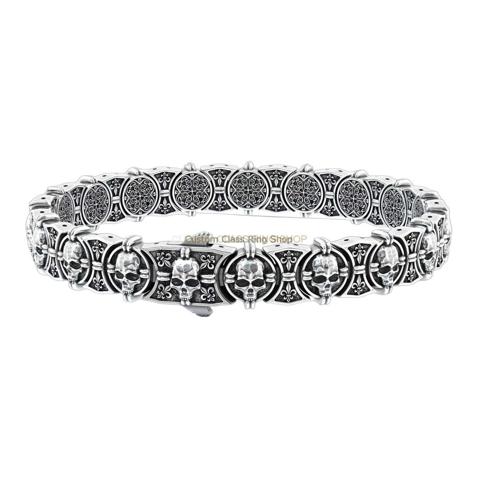 Sterling silver vintage skull bracelet with oxidized filigree detailing