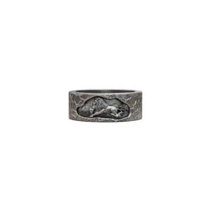 Oxidized sterling silver lion family wedding band with scaled border detail