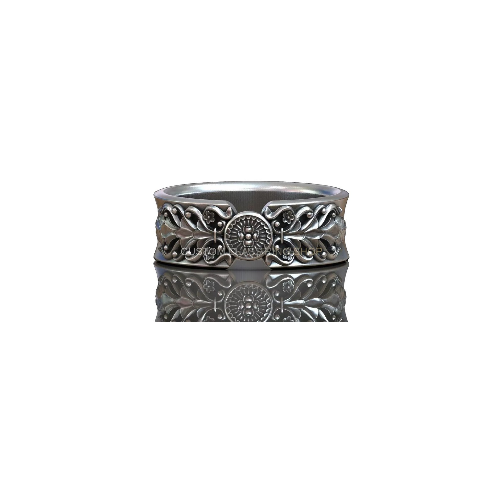 Sterling silver baroque pattern wedding ring with ornate filigree and sunburst detail