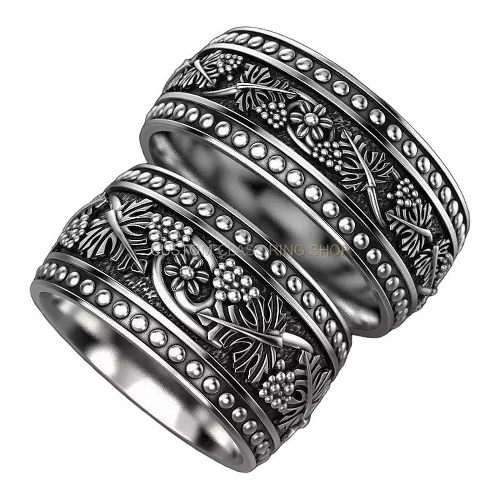 Sterling silver grapes vine statement ring, angled side profile view