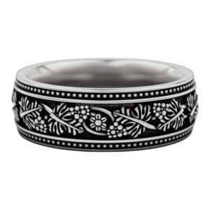Oxidized sterling silver grape cluster wedding ring with beaded border