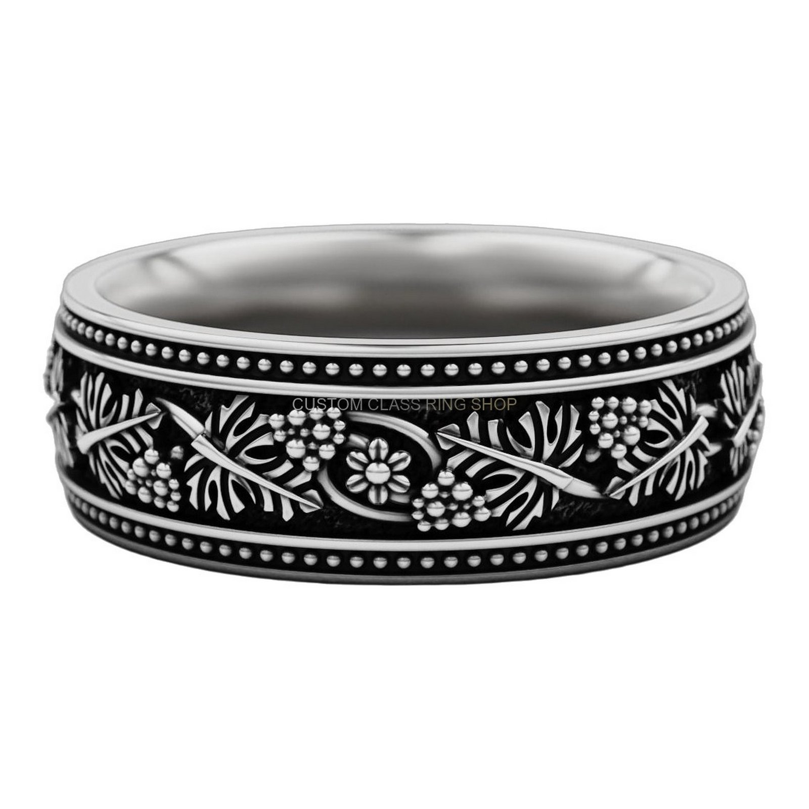 Oxidized sterling silver grape cluster wedding ring with beaded border