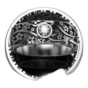 Sterling silver sakura flower statement ring with engraved blossoms and bezel stone