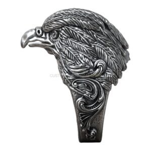 Mens sterling silver eagle head ring with rococo floral ornament