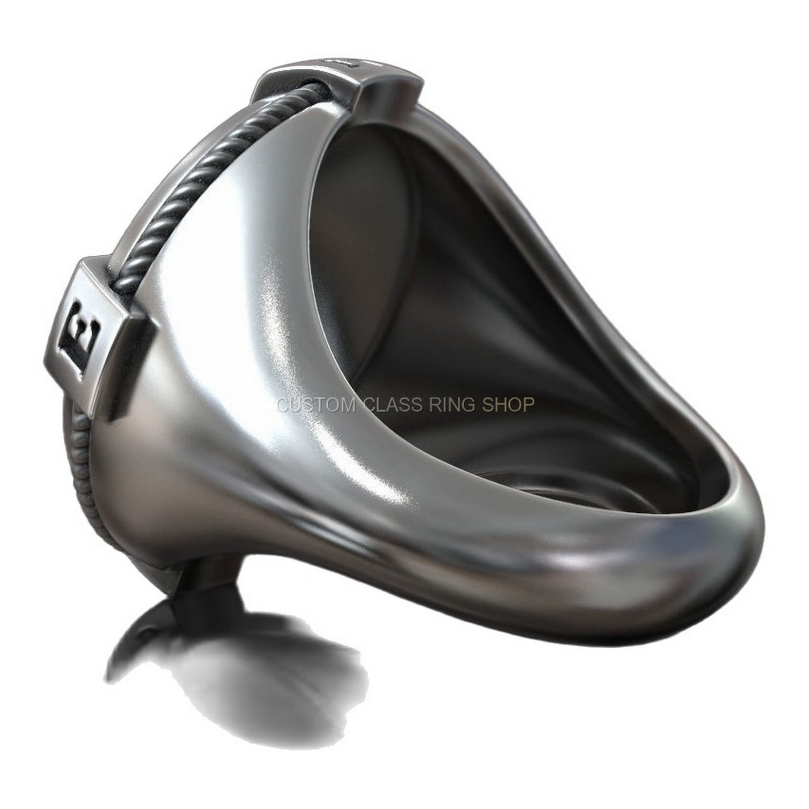 Sterling silver windrose compass skull signet ring, side profile angled view