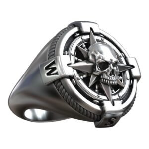 Sterling silver windrose compass skull signet ring with rope border