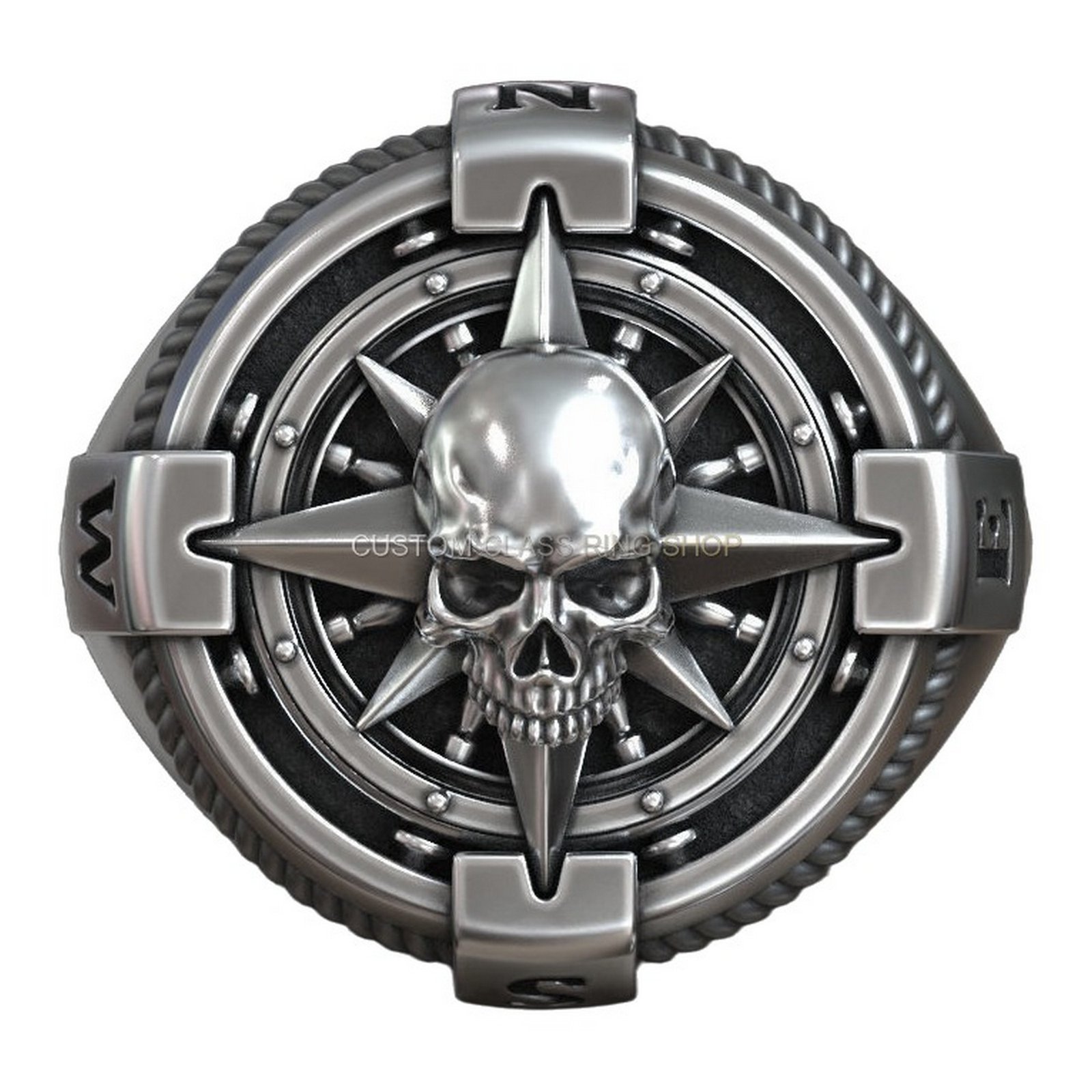 Sterling silver windrose compass skull signet ring, top-down aerial compass face view