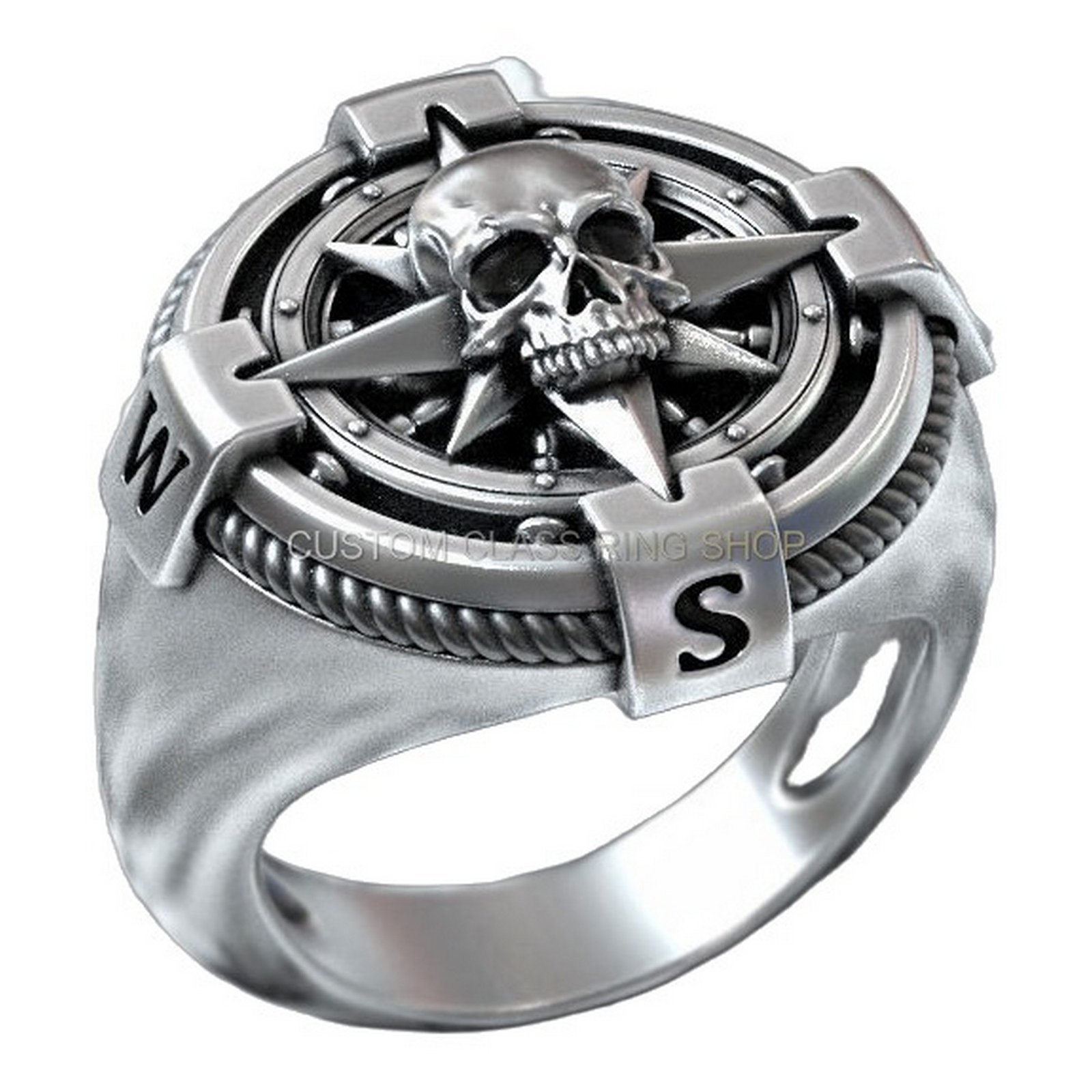 Sterling silver windrose compass skull signet ring, bottom side profile view