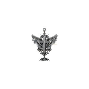Oxidized sterling silver winged cross baroque pendant with detailed scrollwork