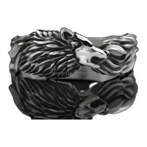 Mens oxidized sterling silver wolf ring with dual wolf heads and flowing mane detailing